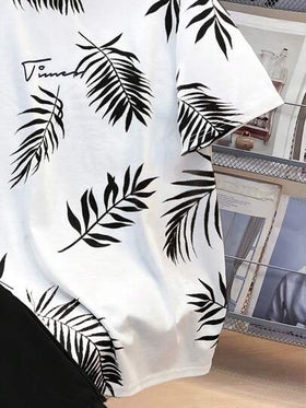 SHEIN مجموعة من قطعتين تي شيرت بطبعة استوائية وشورت بخصر رباط للمراهقين؛ ملابس ربيعية؛ ملابس أولاد المراهقين؛ جواكت أطفال، عودة إلى المدرسة في الربيع
