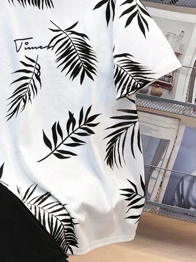 SHEIN مجموعة من قطعتين تي شيرت بطبعة استوائية وشورت بخصر رباط للمراهقين؛ ملابس ربيعية؛ ملابس أولاد المراهقين؛ جواكت أطفال، عودة إلى المدرسة في الربيع
