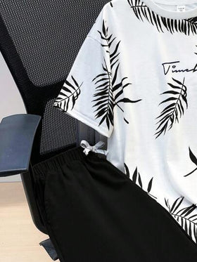 SHEIN مجموعة من قطعتين تي شيرت بطبعة استوائية وشورت بخصر رباط للمراهقين؛ ملابس ربيعية؛ ملابس أولاد المراهقين؛ جواكت أطفال، عودة إلى المدرسة في الربيع