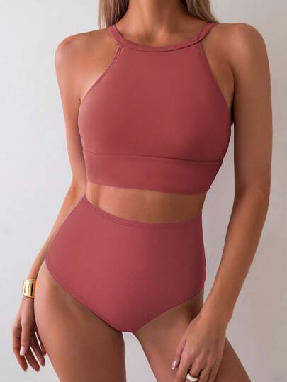 طقم تانكيني حريمي Swim Basics مجموعة بكيني قصيرة سوداء ذات خصر عالي مع ملابس علوية بيكيني 2 قطعة، للعطلات الاسترخائية