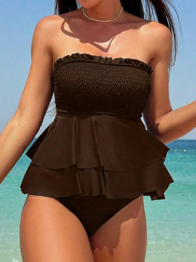 طقم تانكيني حريمي Swim Mod مجموعة ملابس سباحة تانكيني ذات لون أحادي للنساء للعطلات والشاطئ