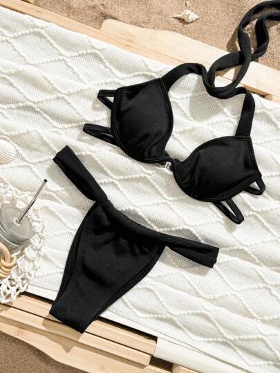 طقم تانكيني حريمي Swim SXY طقم ملابس سباحة نسائية كامل، سترة علوية شكل تنكيني ذات ظهر مكشوف بدون دعم وسراويل قصيرة بقطع مثيرة، باللون الأسود الأحادي، بيكيني صيفي
