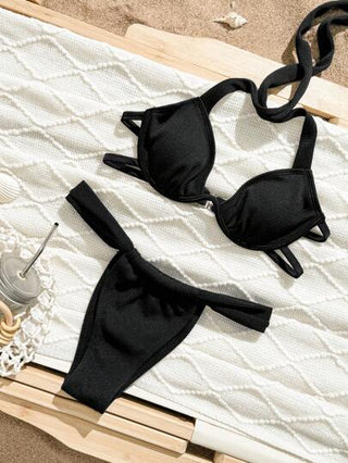 طقم تانكيني حريمي Swim SXY طقم ملابس سباحة نسائية كامل، سترة علوية شكل تنكيني ذات ظهر مكشوف بدون دعم وسراويل قصيرة بقطع مثيرة، باللون الأسود الأحادي، بيكيني صيفي
