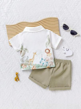 SHEIN Playful Pals مجموعة قميص وشورت أطفال صبي بنمط كرتون وحية ، 2 قطعة/الحزمة ، خفيف الوزن للصيف