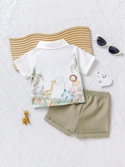 SHEIN Playful Pals مجموعة قميص وشورت أطفال صبي بنمط كرتون وحية ، 2 قطعة/الحزمة ، خفيف الوزن للصيف