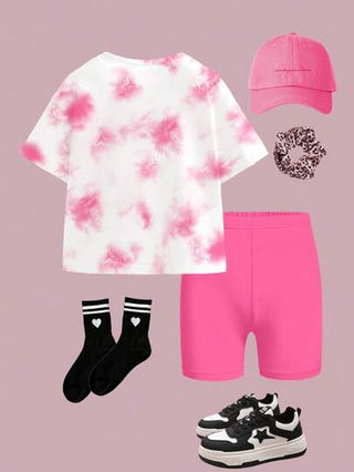 girls-sets مجموعة تي شيرت قصير الأكمام فضفاض وشورت بتصميم ربطة قبعة متموج للبنات المراهقات، صيفي، 2 قطعة/المجموعة