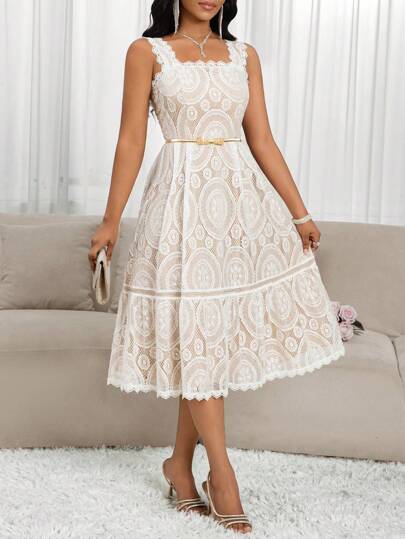 SHEIN Lady فستان أنيق مطرز بلا أكمام، صيفي