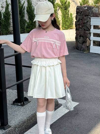 girls-sets DAZY طقم فستان مكون من قميص بياقة طاقم وأكمام قصيرة مافوق الركبة مع تنورة ذات طيات، قطعتين، بتصميم صيفي للفتيات المراهقات