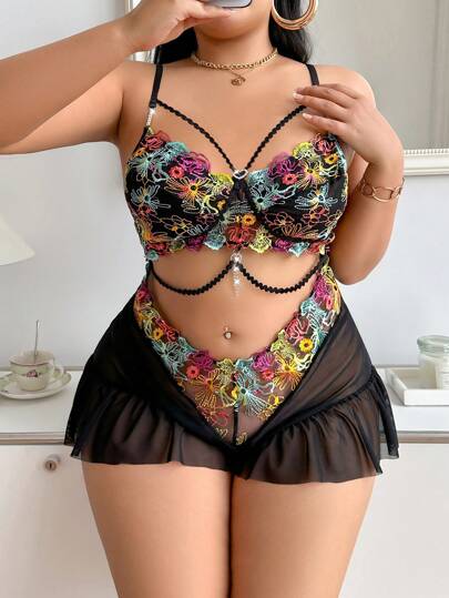 SHEIN سرور مخملي منقوش ملون للنساء كبيرات الحجم ، شفاف متطاير الذيل ، سكسي ، ملابس نوم
