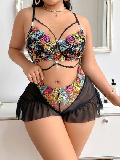 SHEIN سرور مخملي منقوش ملون للنساء كبيرات الحجم ، شفاف متطاير الذيل ، سكسي ، ملابس نوم