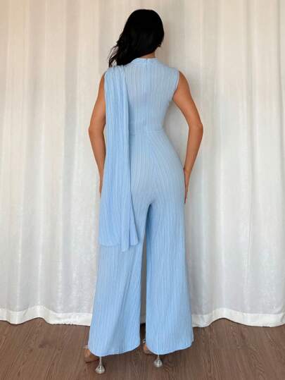 Islaluna بدلة أنيقة للنساء بساق واسع، باللون الأزرق، بأربطة وأغطية منسدلة ، بدون أكمام، مناسبة للربيع والصيف