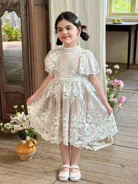 SHEIN فستان كيوت للفتيات الصغيرات مع رقبة مموجة من التول والتطريز الزهري