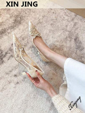 Xin Jing Shoes أحذية كعب عالي للنساء للموسم الخريفي/الشتوي، أحذية أنيقة ذات رؤوس مدببة مناسبة للمكتب والحفلات بكعب متوسط، موديلات عصرية متعددة الاستخدامات