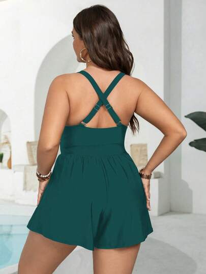 SHEIN Swim ملابس سباحة بقطعة واحدة رياضية كاجوال واسعة الياقة مقاسات كبيرة