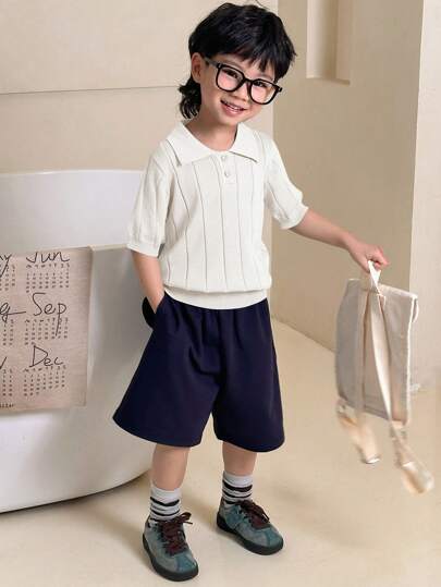 Dazy Kids كنزة صوفية رجالية بأكمام قصيرة وياقة مسطحة بدون نمط للشباب