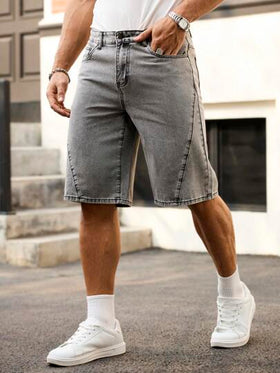 Manfinity Homme قصيرات جينز واسعة الساق قطنية ذات لون أحادي جيب للرجال