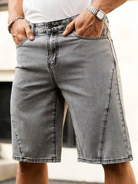 Manfinity Homme قصيرات جينز واسعة الساق قطنية ذات لون أحادي جيب للرجال