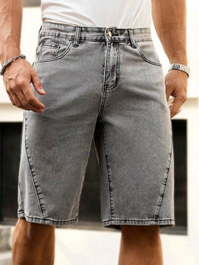 Manfinity Homme قصيرات جينز واسعة الساق قطنية ذات لون أحادي جيب للرجال