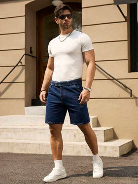 Manfinity Homme سروال قصير كاجول جينز ذو لون أحادي مع جيب، مناسب للصيف