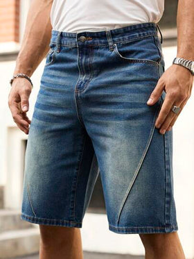 Manfinity Homme شورت جينز فضفاض بجيوب مائلة مغسول للرجال في الصيف