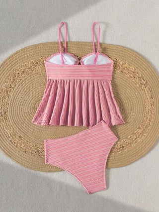 طقم تانكيني حريمي Swim Mod مجموعة ملابس علوية وبكيني صيفي للنساء، بنمط نسيج منسوج ذو لون أحادي مع حمالات رفيعة وذيل متموج