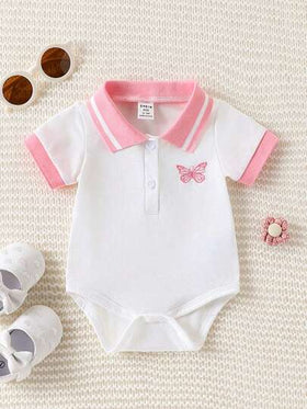 SHEIN Playful Pals بوديسوت أطفال بنات مطرزة بأزرار أمامية، ياقة مسطحة وأساور الأكمام، صيفية