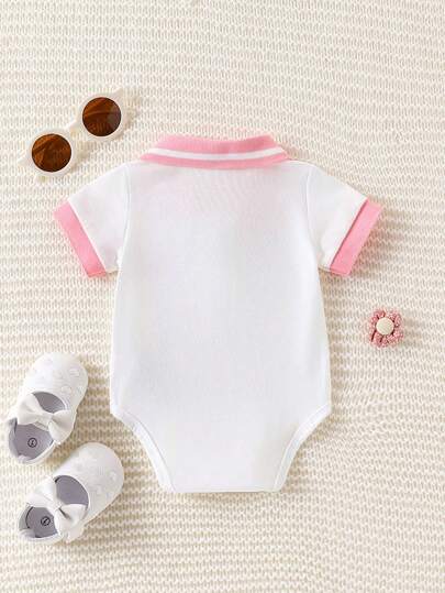 SHEIN Playful Pals بوديسوت أطفال بنات مطرزة بأزرار أمامية، ياقة مسطحة وأساور الأكمام، صيفية