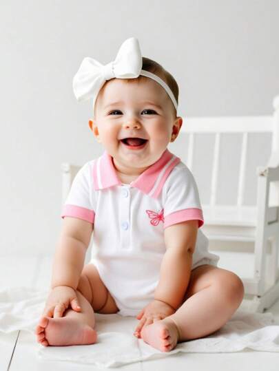 SHEIN Playful Pals بوديسوت أطفال بنات مطرزة بأزرار أمامية، ياقة مسطحة وأساور الأكمام، صيفية