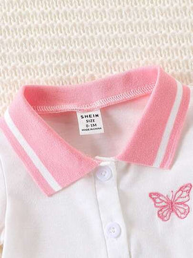SHEIN Playful Pals بوديسوت أطفال بنات مطرزة بأزرار أمامية، ياقة مسطحة وأساور الأكمام، صيفية