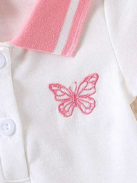 SHEIN Playful Pals بوديسوت أطفال بنات مطرزة بأزرار أمامية، ياقة مسطحة وأساور الأكمام، صيفية