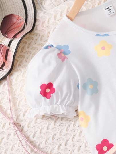 girls-sets زوج/ مجموعة من فستان قميص ذو أشرطة رفيعة وكارديجان مُرسَّم بطباعة الزهور مُحبوك بأناقة للفتيات ، صيفي