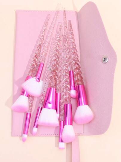 10 قطع مجموعة فرش مكياج احترافية + حقيبة فرش مكياج من جلد الغزال ، فرشاة أحمر الخدود وفرشاة بودرة وفرش ظلال العيون،مجموعة أدوات المكياج باللون الزهري