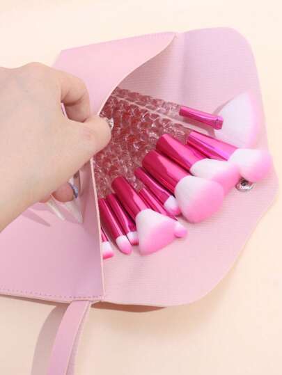 10 قطع مجموعة فرش مكياج احترافية + حقيبة فرش مكياج من جلد الغزال ، فرشاة أحمر الخدود وفرشاة بودرة وفرش ظلال العيون،مجموعة أدوات المكياج باللون الزهري