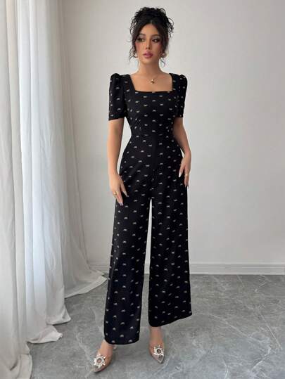 Modelyn العيد وصلة طويلة أنيقة للسيدات، بفتحة عميقة على الظهر وياقة V، بأكمام بالون قصيرة مع طبعة الفيونكة