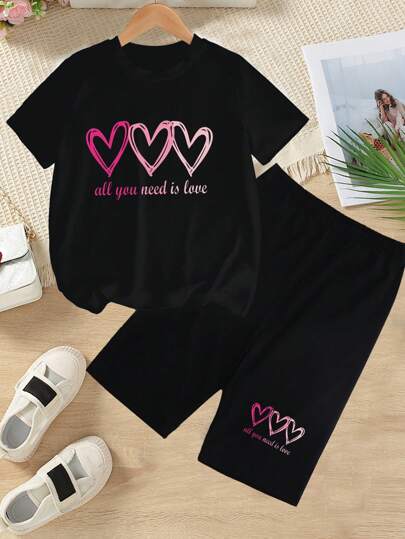 girls-sets طقم قصير الأكمام بطبعة شعار وقلب وشورت 2 قطعة مريح، للفتيات المراهقات