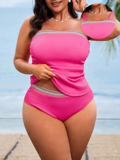 Swim Lushoire بدلة سباحة لون أوسيعة المقاسات من النساء ذات عنق عالي وباندو وردي الكتل اللونية، مخنق وأنيق للوجهة الشاطئية والإجازة