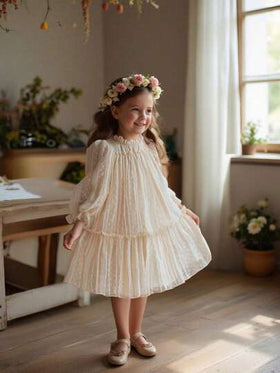 SHEIN Vintaside Kids فستان بنفحات وأكمام طويل من الجاكار المطرز، محلق ومرتخي بطبقتين بحواف خصر مرتكشة، مناسب للعطلات والسفر والحفلات والهدايا، للربيع والخريف