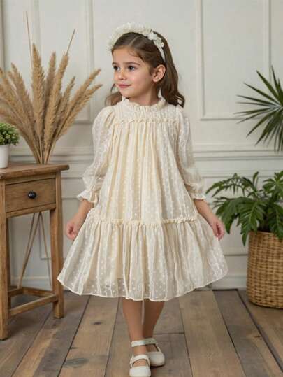SHEIN Vintaside Kids فستان بنفحات وأكمام طويل من الجاكار المطرز، محلق ومرتخي بطبقتين بحواف خصر مرتكشة، مناسب للعطلات والسفر والحفلات والهدايا، للربيع والخريف
