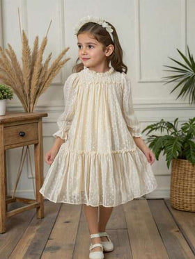 SHEIN Vintaside Kids فستان بنفحات وأكمام طويل من الجاكار المطرز، محلق ومرتخي بطبقتين بحواف خصر مرتكشة، مناسب للعطلات والسفر والحفلات والهدايا، للربيع والخريف