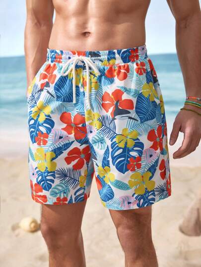 Shark Week X SHEIN شورت شاطئ للرجال بخصر رباط ذو طباعة زهور استوائية ، صيفي