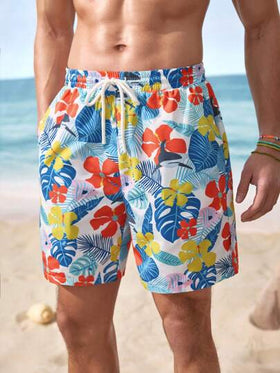 Shark Week X SHEIN شورت شاطئ للرجال بخصر رباط ذو طباعة زهور استوائية ، صيفي