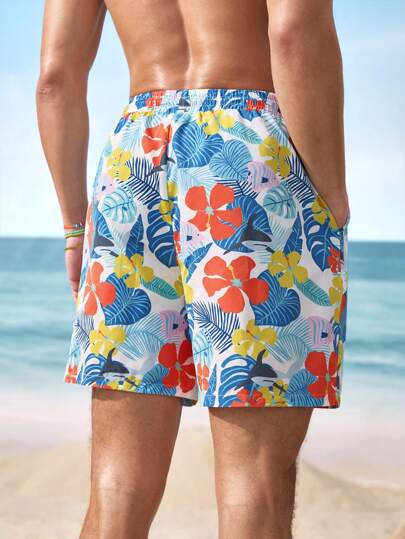 Shark Week X SHEIN شورت شاطئ للرجال بخصر رباط ذو طباعة زهور استوائية ، صيفي