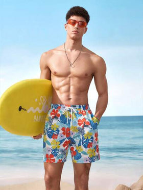 Shark Week X SHEIN شورت شاطئ للرجال بخصر رباط ذو طباعة زهور استوائية ، صيفي