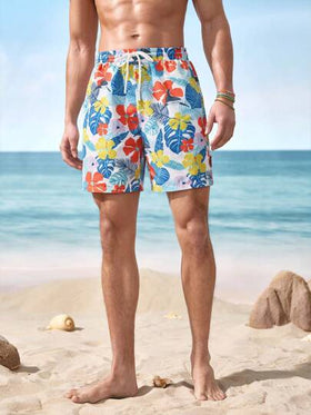 Shark Week X SHEIN شورت شاطئ للرجال بخصر رباط ذو طباعة زهور استوائية ، صيفي