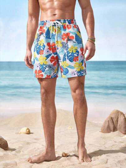 Shark Week X SHEIN شورت شاطئ للرجال بخصر رباط ذو طباعة زهور استوائية ، صيفي