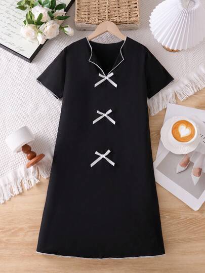 بيجاما ملابس منزلية للبنات بتصميم فاشي وبسيط، كاجوال، مزينة بفيونكة، طول متوسط إلى طويل، قصيرة الأكمام، تصميم الرقبة على شكل V صغير، مريحة جداً للراحة والارتداء في المنزل