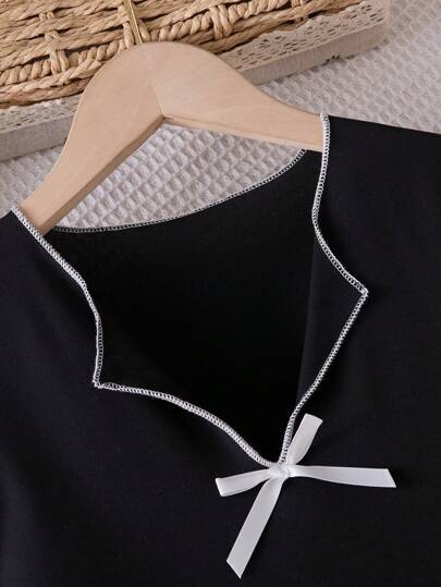 بيجاما ملابس منزلية للبنات بتصميم فاشي وبسيط، كاجوال، مزينة بفيونكة، طول متوسط إلى طويل، قصيرة الأكمام، تصميم الرقبة على شكل V صغير، مريحة جداً للراحة والارتداء في المنزل