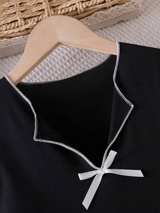 بيجاما ملابس منزلية للبنات بتصميم فاشي وبسيط، كاجوال، مزينة بفيونكة، طول متوسط إلى طويل، قصيرة الأكمام، تصميم الرقبة على شكل V صغير، مريحة جداً للراحة والارتداء في المنزل