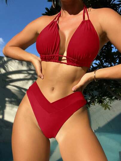 Swim Basics طقم بكيني للنساء بتصميم عنق الحليم بلون أحادي