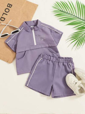 SHEIN مجموعة من 2 قطعة ملابس علوية بسحّاب نصفي وشورت بطراز رياضي باللون البنفسجي للأولاد، مناسبة للأنشطة الخارجية ، الصيف